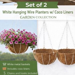 Garden Collection Hanging Planter Set of 2 White Wire Baskets Coco Liners - New